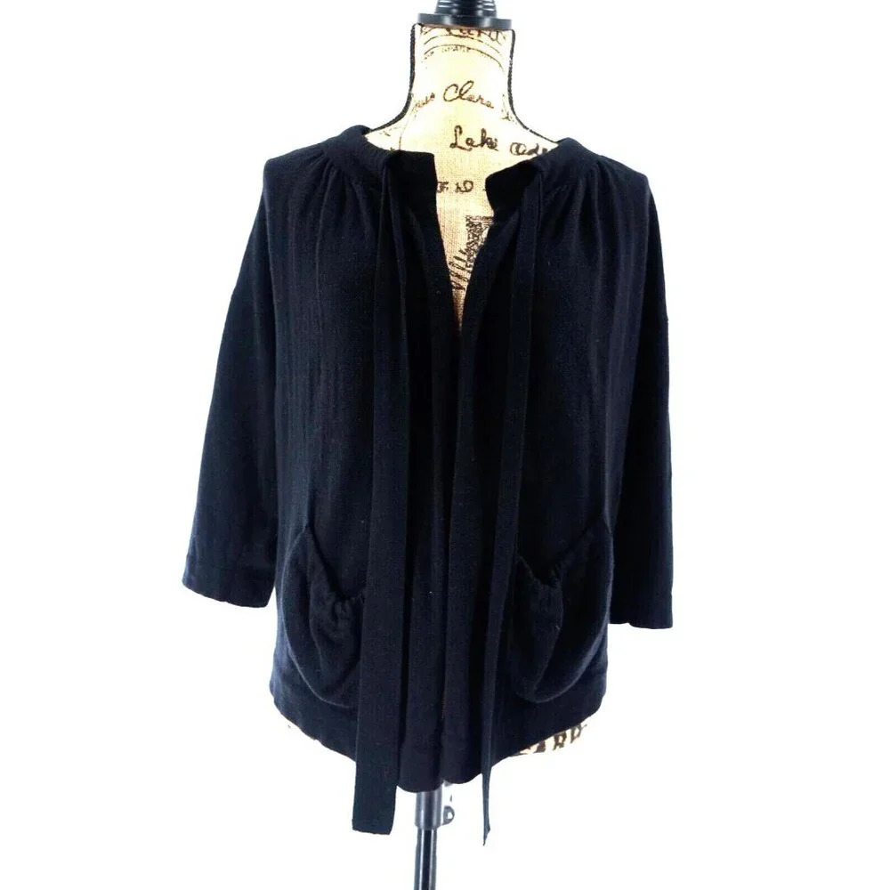 BCBG Maxazria Open Cardigan Womens‎ Small Black Merino Wool Cashmere Tie Sweater
